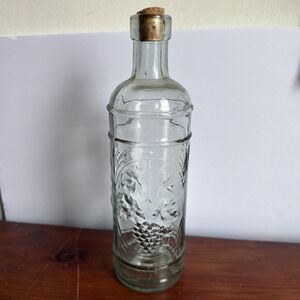 Vintage Slim Green Tinted Glass Bottle With Etched Grapes Designed With Cork Top
